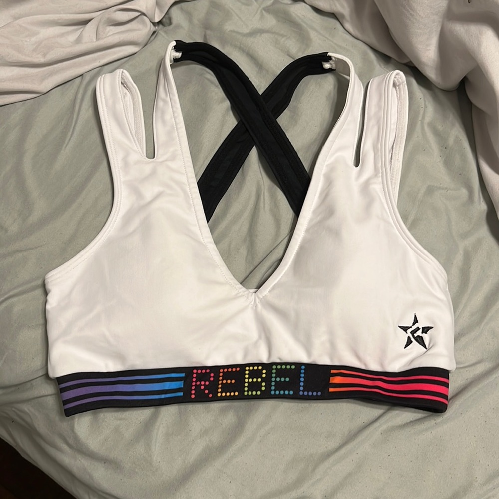 Rebel Adult XS racerback white, black, and rainbow band bra